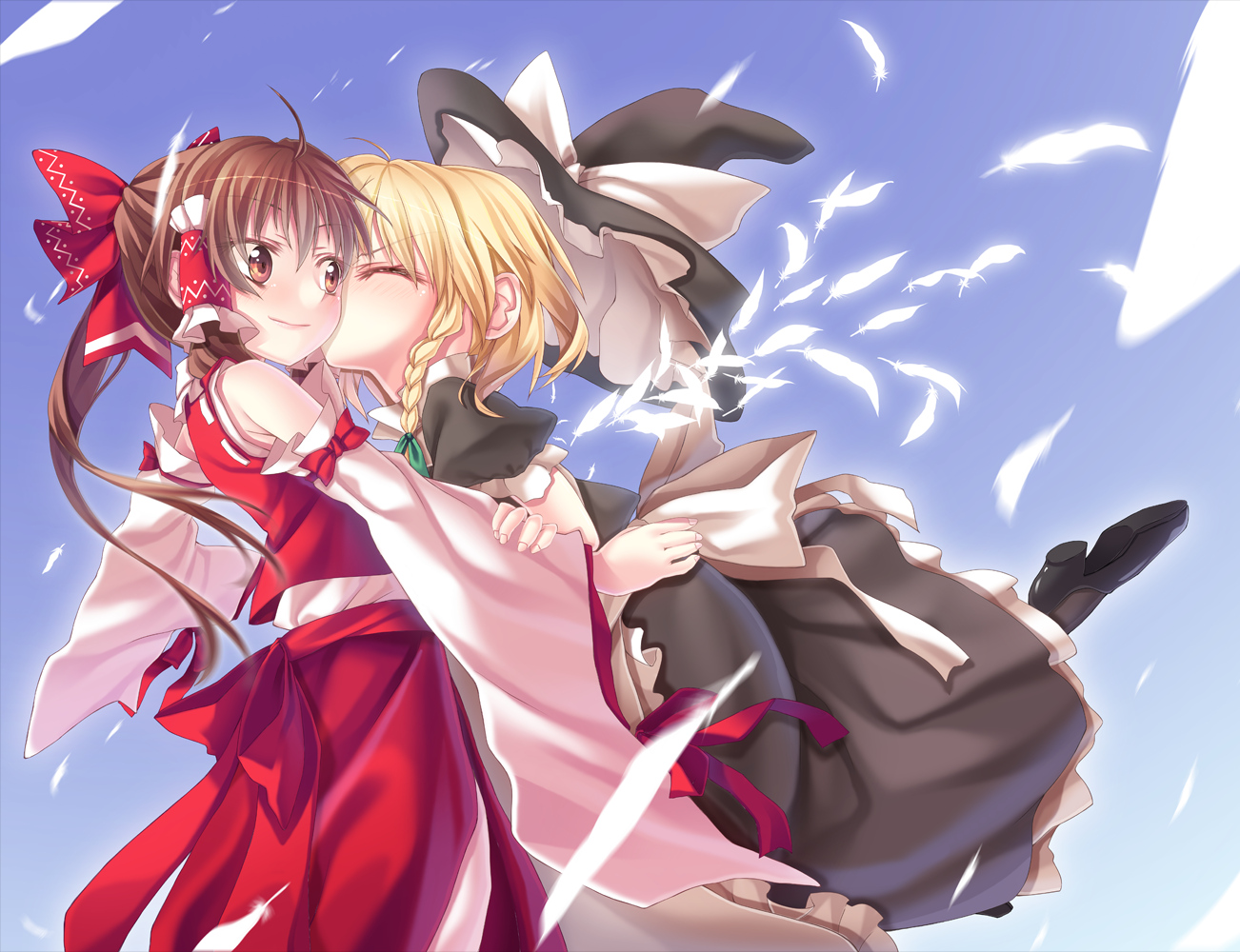 2girls, apron, blonde_hair, blush, bow, braids, brown_eyes, brown_hair