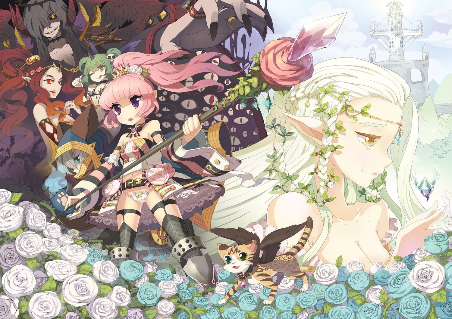 animal, armor, black_hair, blue_eyes, bow, braids, cat, choker, collar, crown, crying, flowers, garter, gray_hair, green_eyes, green_hair, group, horns, long_hair, magic, male, navel, original, panties, pink_hair, pointed_ears, ponytail, purple_eyes, red_eyes, rose, staff, taruk, tears, thighhighs, tiara, underwear, white_hair, wings, wink, yellow_eyes