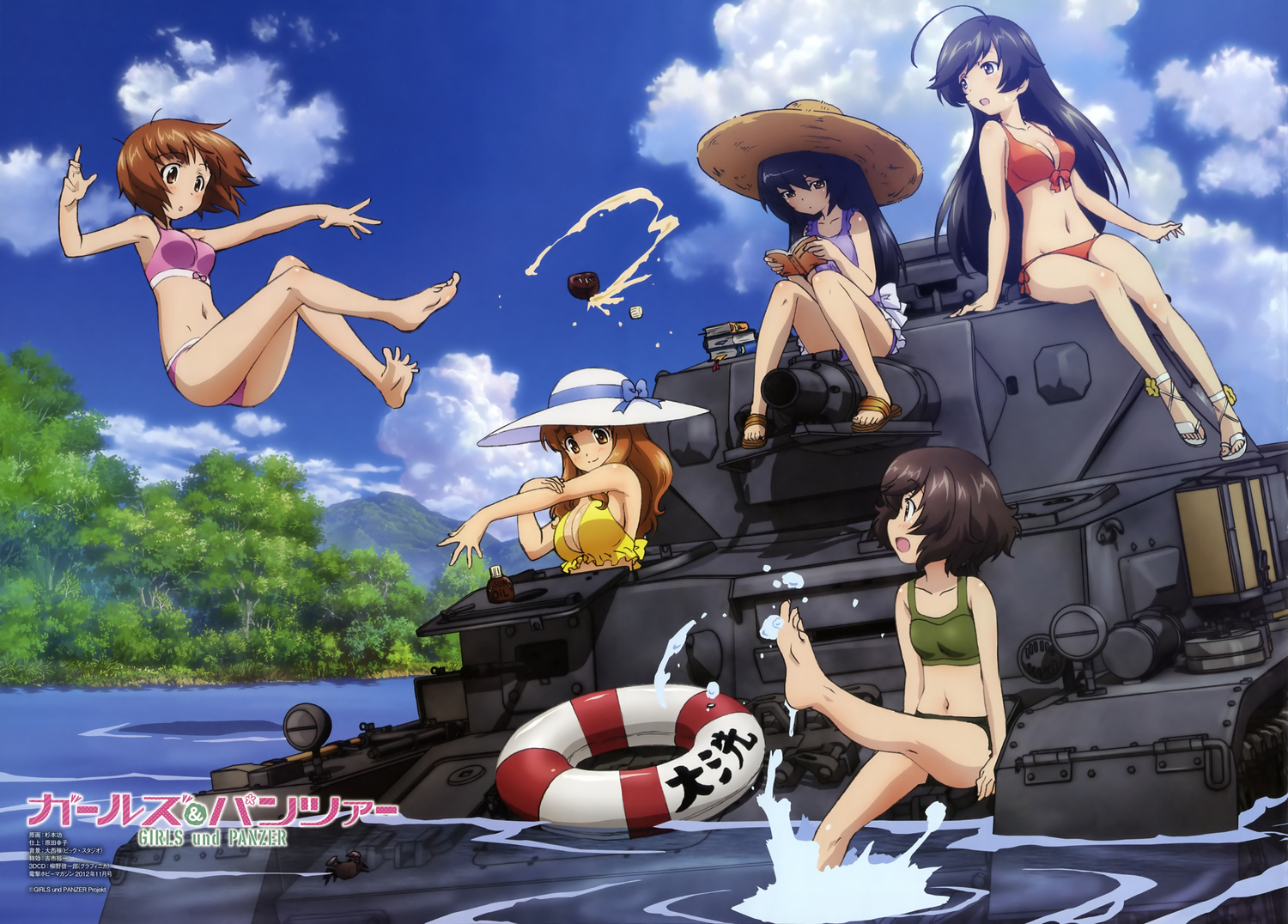 akiyama_yukari, bikini, black_hair, book, brown_hair, clouds, combat_vehicle, girls_und_panzer, group, hat, isuzu_hana, long_hair, navel, nishizumi_miho, orange_hair, reizei_mako, sky, sugimoto_isao, swim_ring, swimsuit, takebe_saori, tree, water, weapon