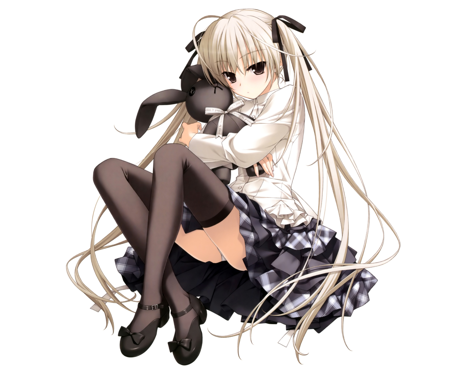 brown_eyes, dress, gray_hair, hashimoto_takashi, kasugano_sora, panties, thighhighs, twintails, underwear, white, yosuga_no_sora