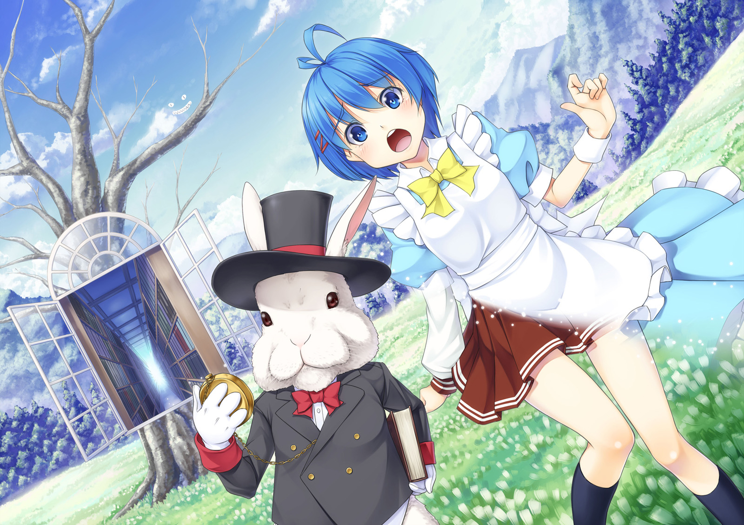 alice_in_wonderland, blue_eyes, blue_hair, blush, cheshire_cat, gloves, hat, kasei_(xyz)