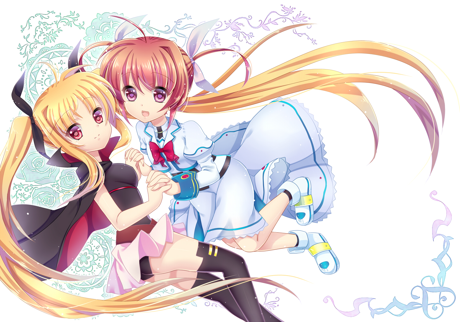 2girls, blonde_hair, brown_hair, cape, fate_testarossa, long_hair, mahou_shoujo_lyrical_nanoha, mahou_shoujo_lyrical_nanoha_the_movie_1st