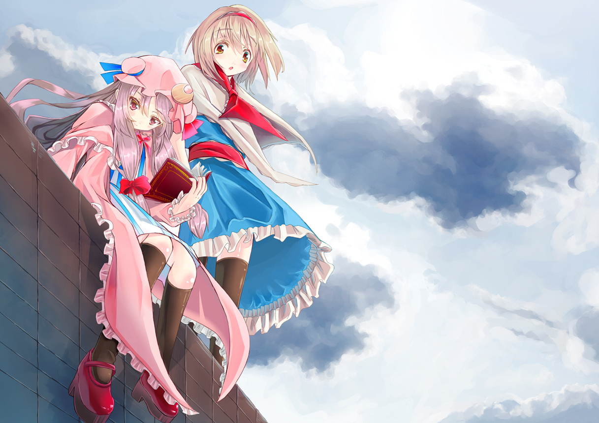 2girls, alice_margatroid, aonaga_heri, blonde_hair, blush, book, bow, clouds, dress, hat, headband, long_hair, patchouli_knowledge, purple_eyes, purple_hair, ribbons, short_hair, sky, thighhighs, touhou, yellow_eyes, zettai_ryouiki
