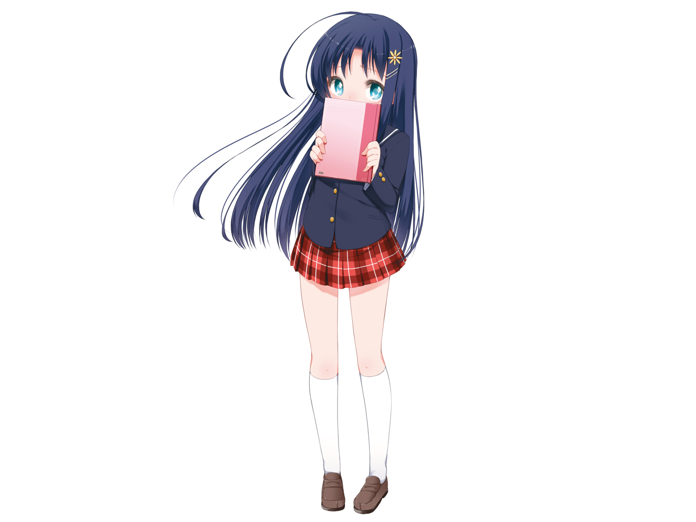aqua_eyes, black_hair, book, kneehighs, loli, long_hair, original, school_uniform, shouji_ayumu, skirt, white