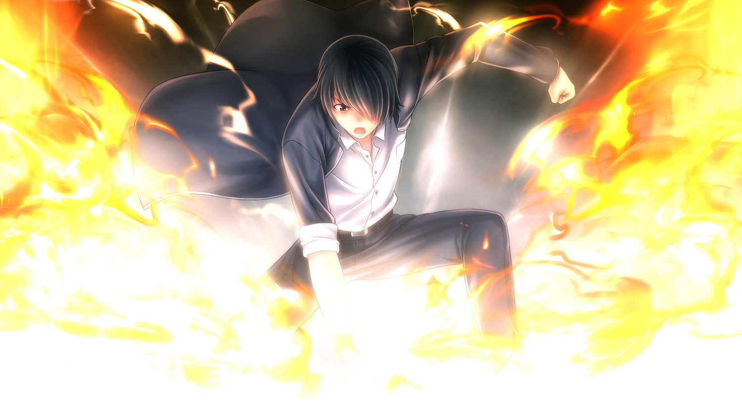 all_male, black_eyes, black_hair, fire, game_cg, ishii_hisao, male, short_hair