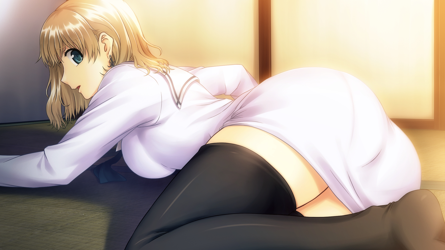 ass, blonde_hair, game_cg, ishii_hisao, raziel_(tokyo_babel), short_hair, thighhighs, tokyo_babel