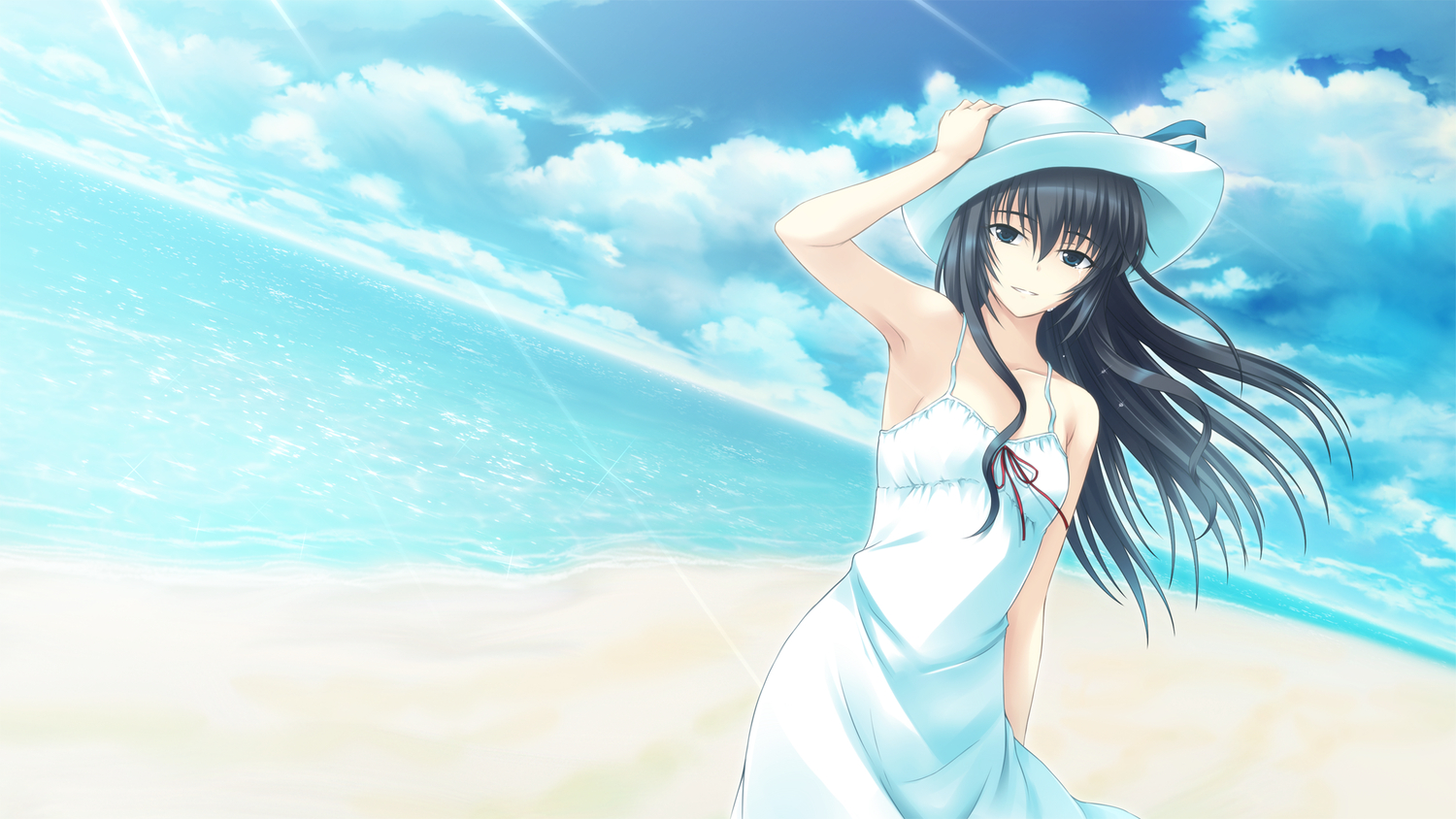 beach, black_hair, clouds, crying, dress, game_cg, hat, ishii_hisao, lilith_(tokyo_babel), sky, summer_dress, tears, tokyo_babel, water