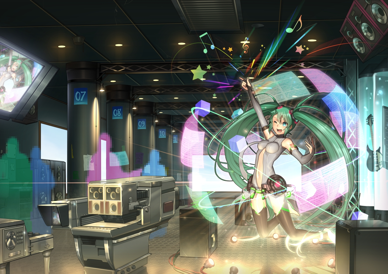 garakuta_omocha, green_hair, guitar, hatsune_miku, instrument, long_hair, miku_append, music, vocaloid