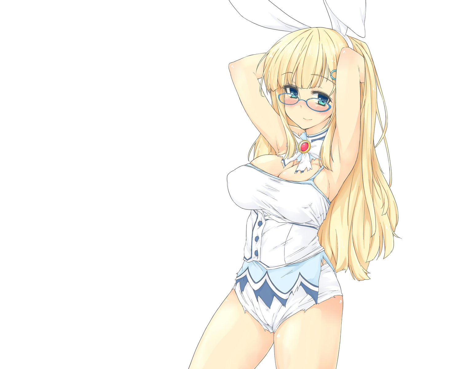 animal_ears, blonde_hair, breasts, bunny_ears, bunnygirl, cleavage, glasses, itou_ikuri, long_hair, senran_kagura, white, yomi_(senran_kagura)