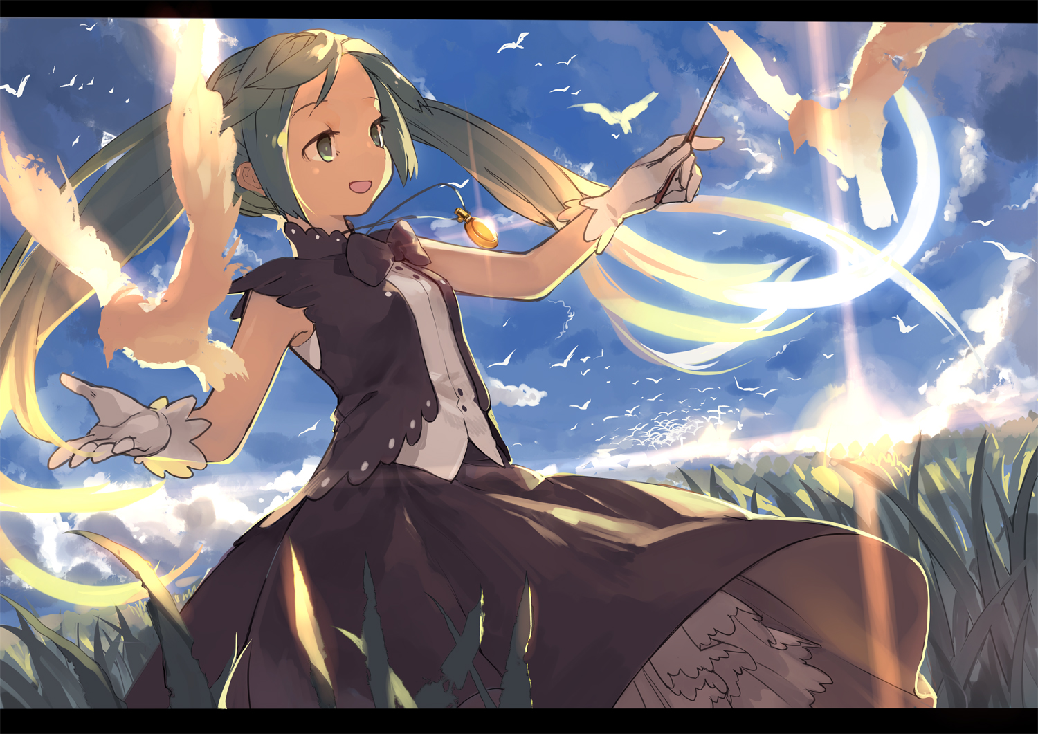 animal, bird, clouds, dress, gloves, grass, hatsune_miku, jong_tu