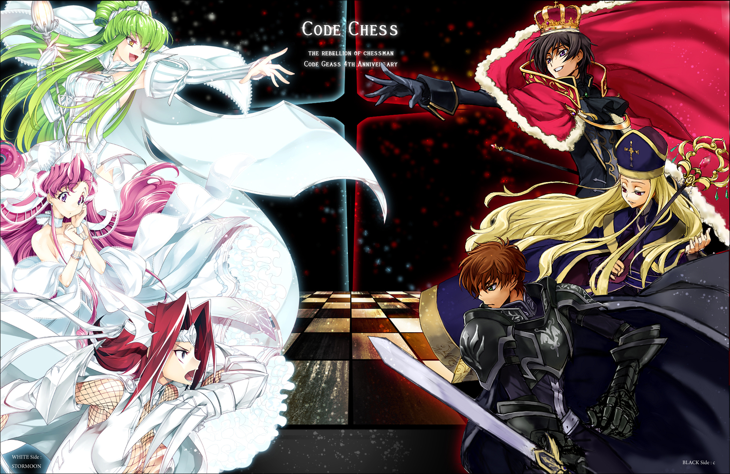 armor, blonde_hair, blue_eyes, brown_hair, cc, code_geass, crown, dress, euphemia_li_britannia, green_eyes, green_hair, kallen_stadtfeld, kururugi_suzaku, lelouch_lamperouge, male, pink_hair, red_hair, sword, tagme, vv, weapon