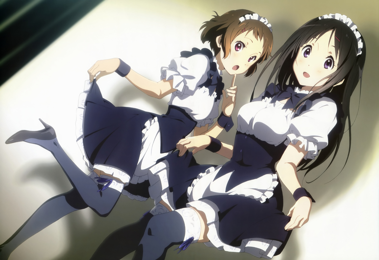 chitanda_eru, hyouka, ibara_mayaka, maid, nyantype, scan, skirt, skirt_lift, stockings