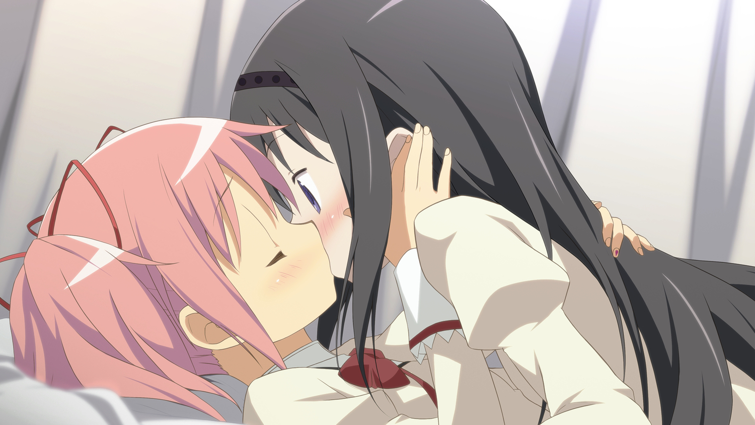 akemi_homura, blush, kaname_madoka, kiss, mahou_shoujo_madoka_magica, moritan, shoujo_ai