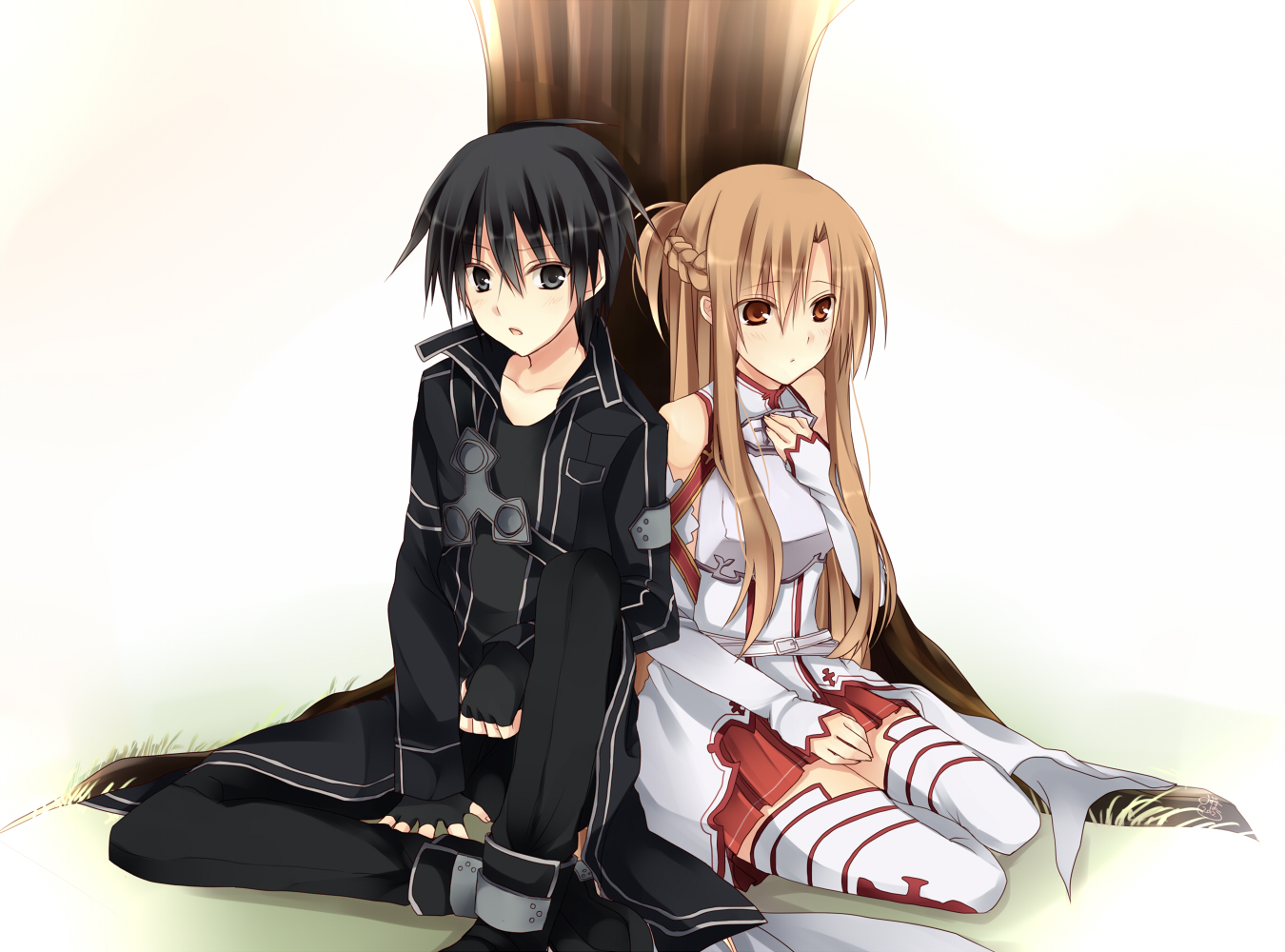 haumizuki, kirigaya_kazuto, sword_art_online, thighhighs, tree, yuuki_asuna