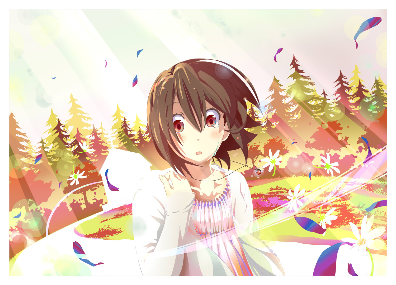 blush, brown_hair, forest, grass, inaba_himeko, kokoro_connect, monaral-jiro, necklace