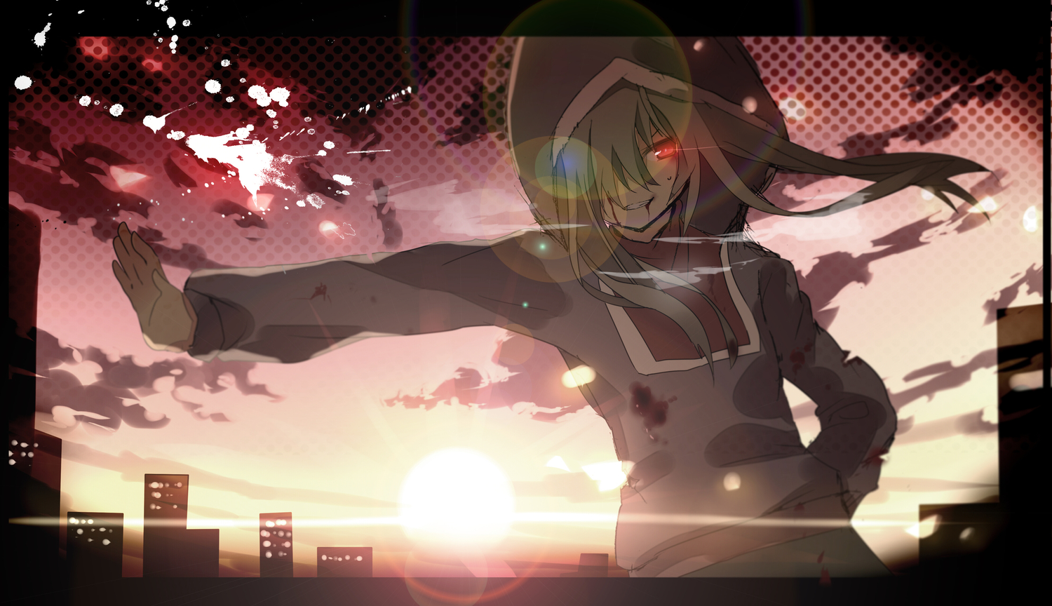 aiharafu, blood, building, green_hair, kagerou_project, kido_tsubomi, mekakushi_code_(vocaloid), red_eyes, vocaloid