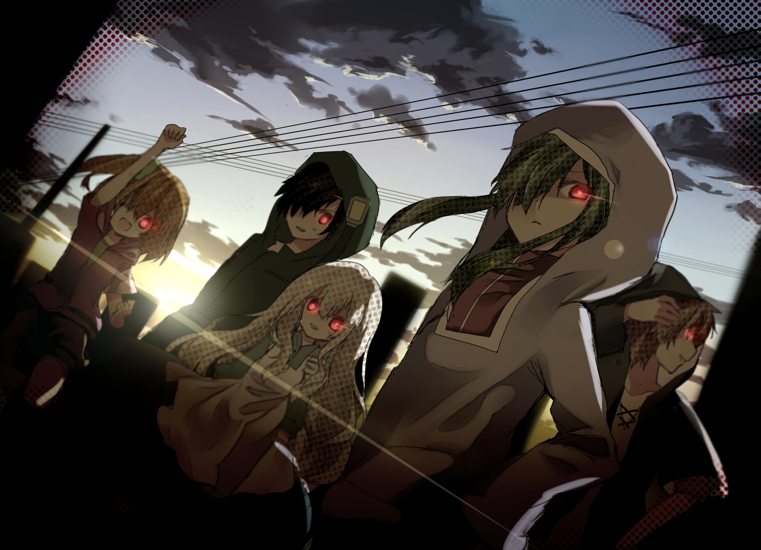 aiharafu, black_hair, brown_hair, green_hair, group, imagination_forest_(vocaloid), kagerou_project, kano_shuuya, kido_tsubomi, kisaragi_attention_(vocaloid), kisaragi_momo, kozakura_mary, long_hair, mekakushi_code_(vocaloid), red_eyes, seto_kousuke, short_hair, vocaloid, white_hair