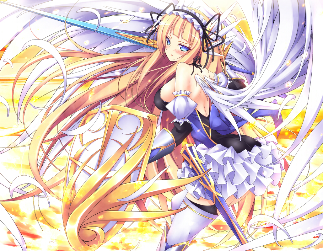 blonde_hair, blue_eyes, blush, breasts, headdress, long_hair, mikan_(5555), otome_tensei_grimoire_den, ribbons, sword, thighhighs, weapon, wings