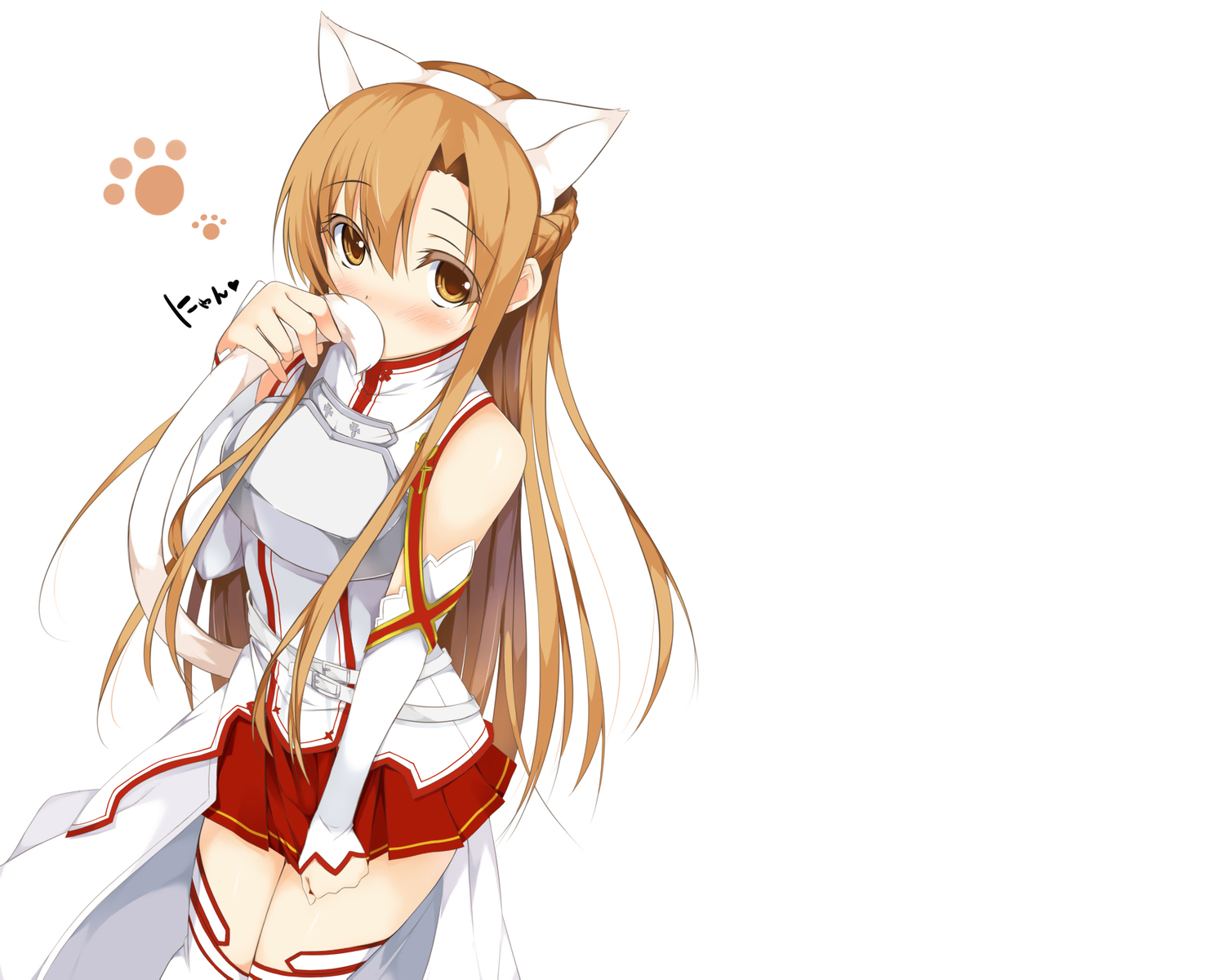 animal_ears, blush, brown_eyes, brown_hair, catgirl, matatabi_haru, sword_art_online, tail, thighhighs, white, yuuki_asuna