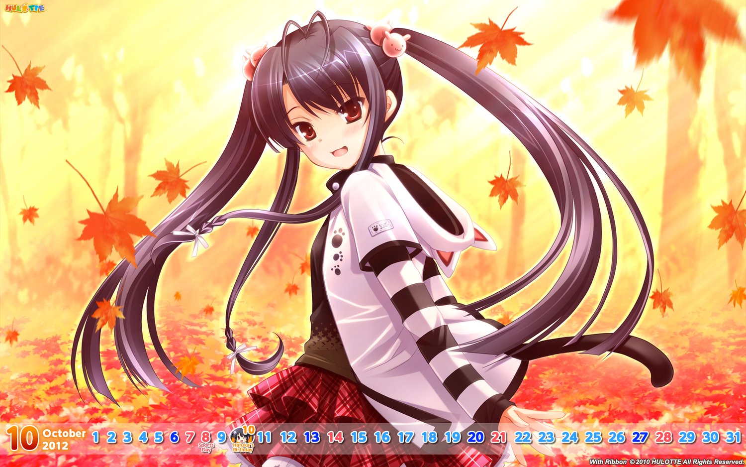 black_hair, blush, calendar, haruka_hinata, hulotte, ikegami_akane, skirt, twintails, with_ribbon