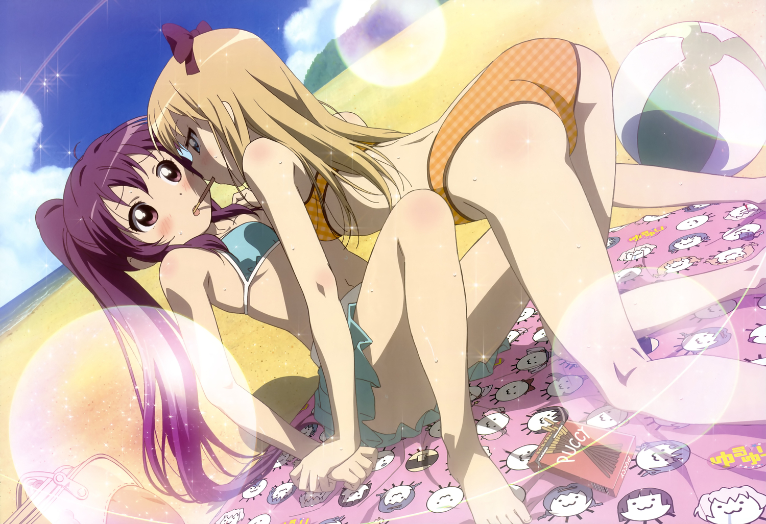 2girls, ball, beach, bikini, blonde_hair, blush, food, long_hair, nyantype, pocky, purple_hair, scan, shoujo_ai, sugiura_ayano, swimsuit, toshinou_kyouko, wet, yuru_yuri
