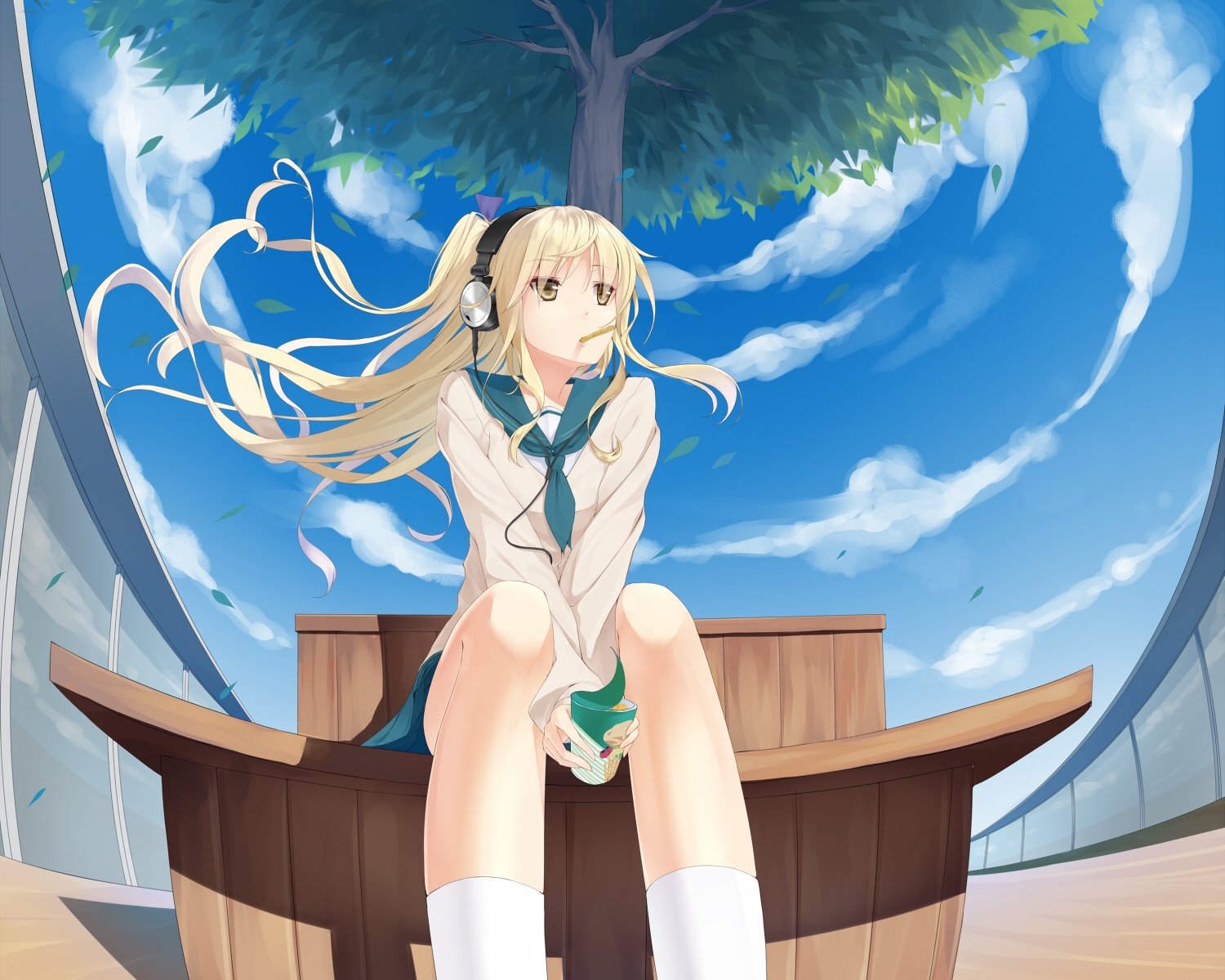 blonde_hair, cure_girl, headphones, nanjou_rena, school_uniform, sky, uttt