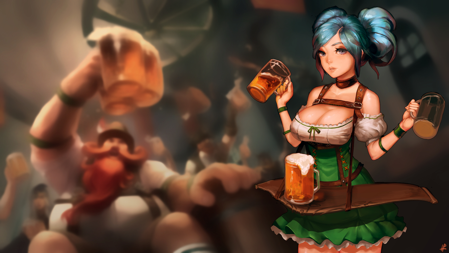 aqua_hair, breasts, choker, cleavage, dress, drink, instant_ip, league_of_legends
