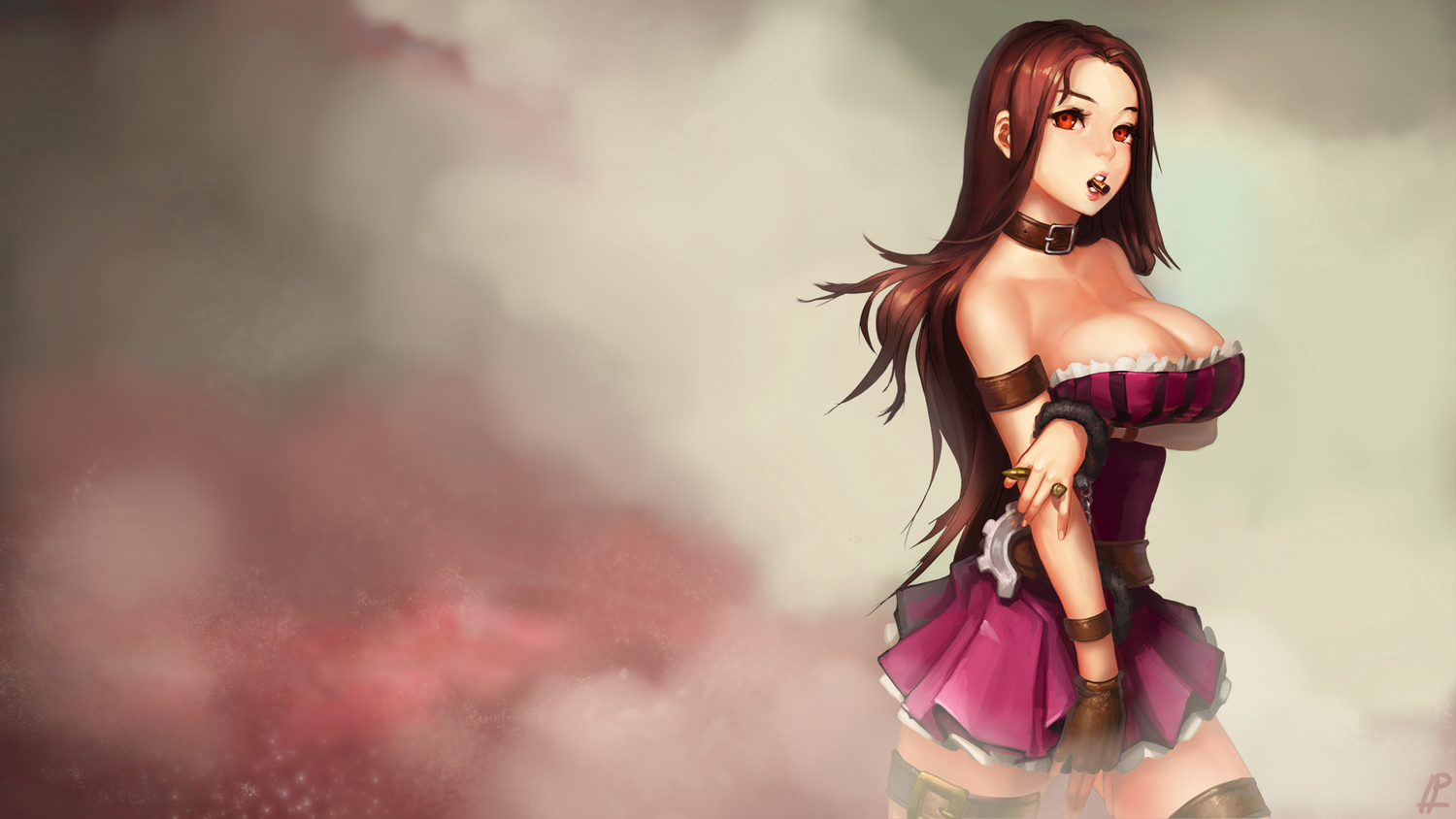 breasts, brown_hair, caitlyn, choker, cleavage, collar, dress, gloves, instant_ip, league_of_legends, red_eyes, signed