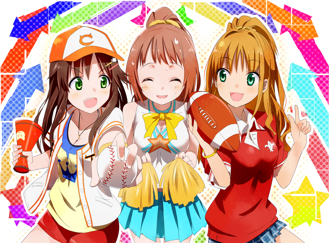 blush, brown_hair, cheerleader, gochou_(comedia80), green_eyes, hat, himekawa_yuki, hino_akane_(idolmaster), idolmaster, idolmaster_cinderella_girls, long_hair, school_uniform, short_hair, skirt, wakabayashi_tomoka