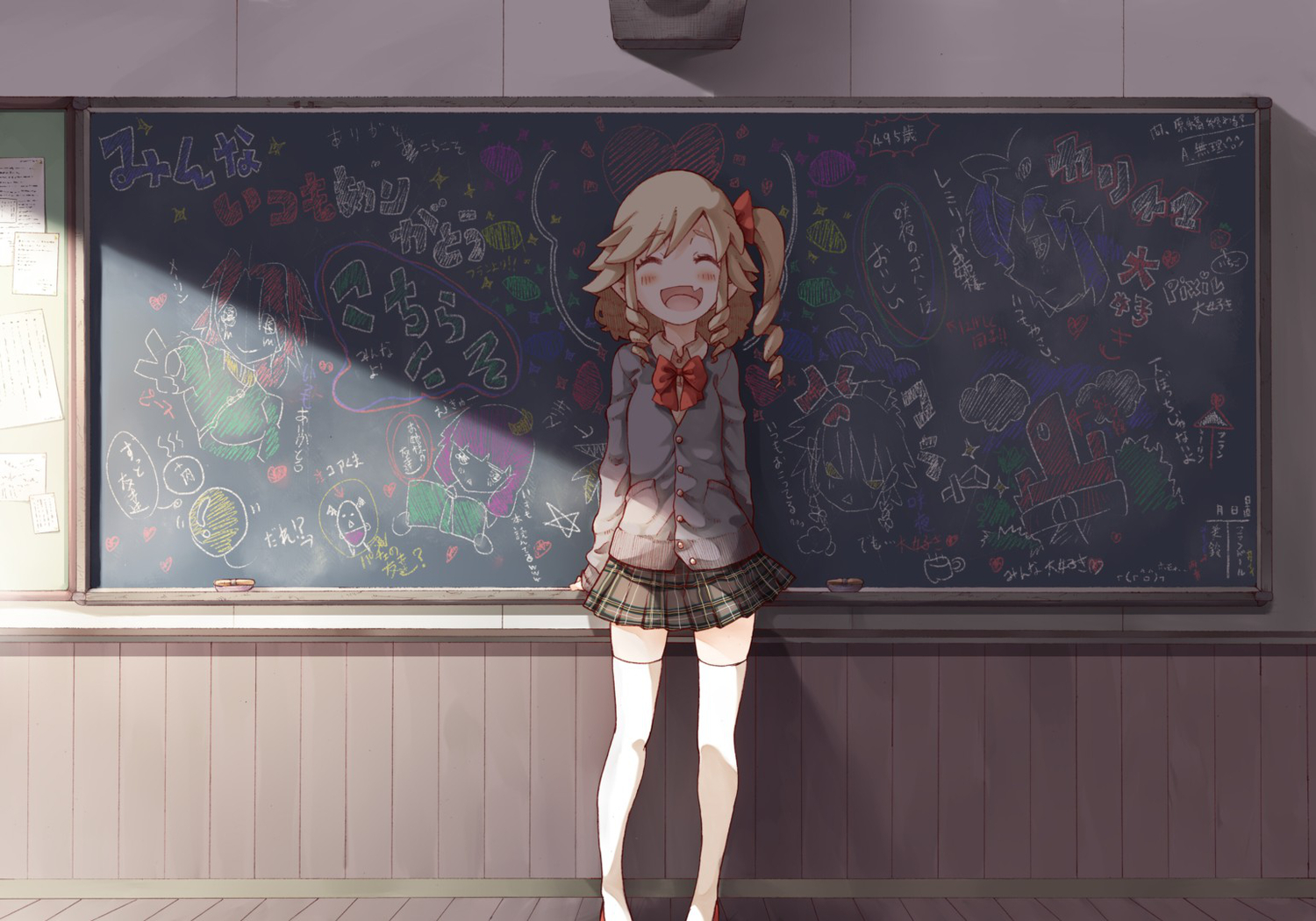 blonde_hair, fang, flandre_scarlet, school_uniform, shunsuke, thighhighs, touhou, vampire