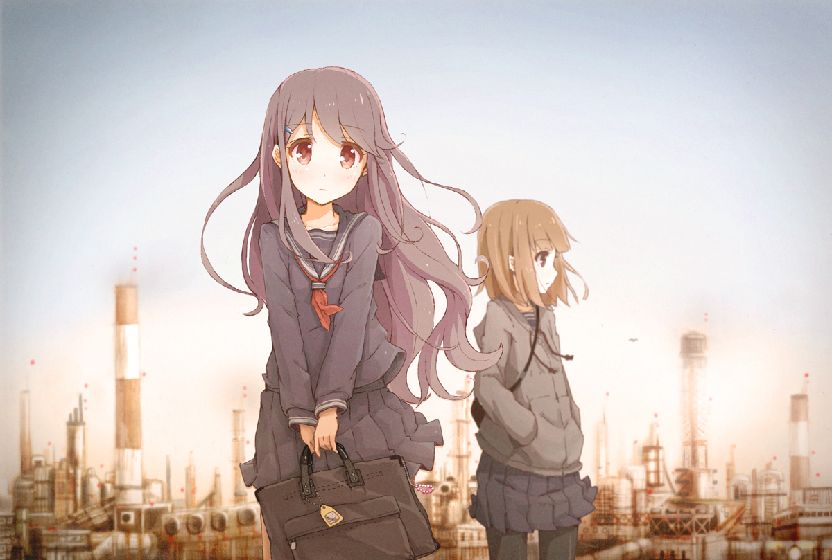 2girls, awakumo, black_hair, brown_eyes, brown_hair, long_hair, original, red_eyes, school_uniform, short_hair, skirt