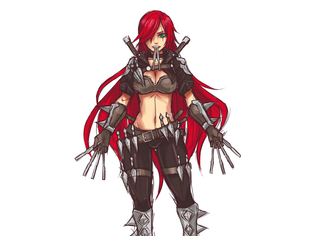 green_eyes, katarina, league_of_legends, navel, red_hair, scar, sword, weapon