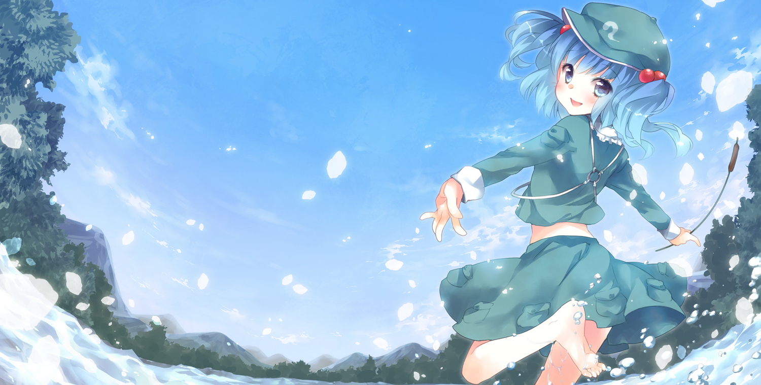 barefoot, blue_eyes, blush, ech, hat, kawashiro_nitori, short_hair, sky