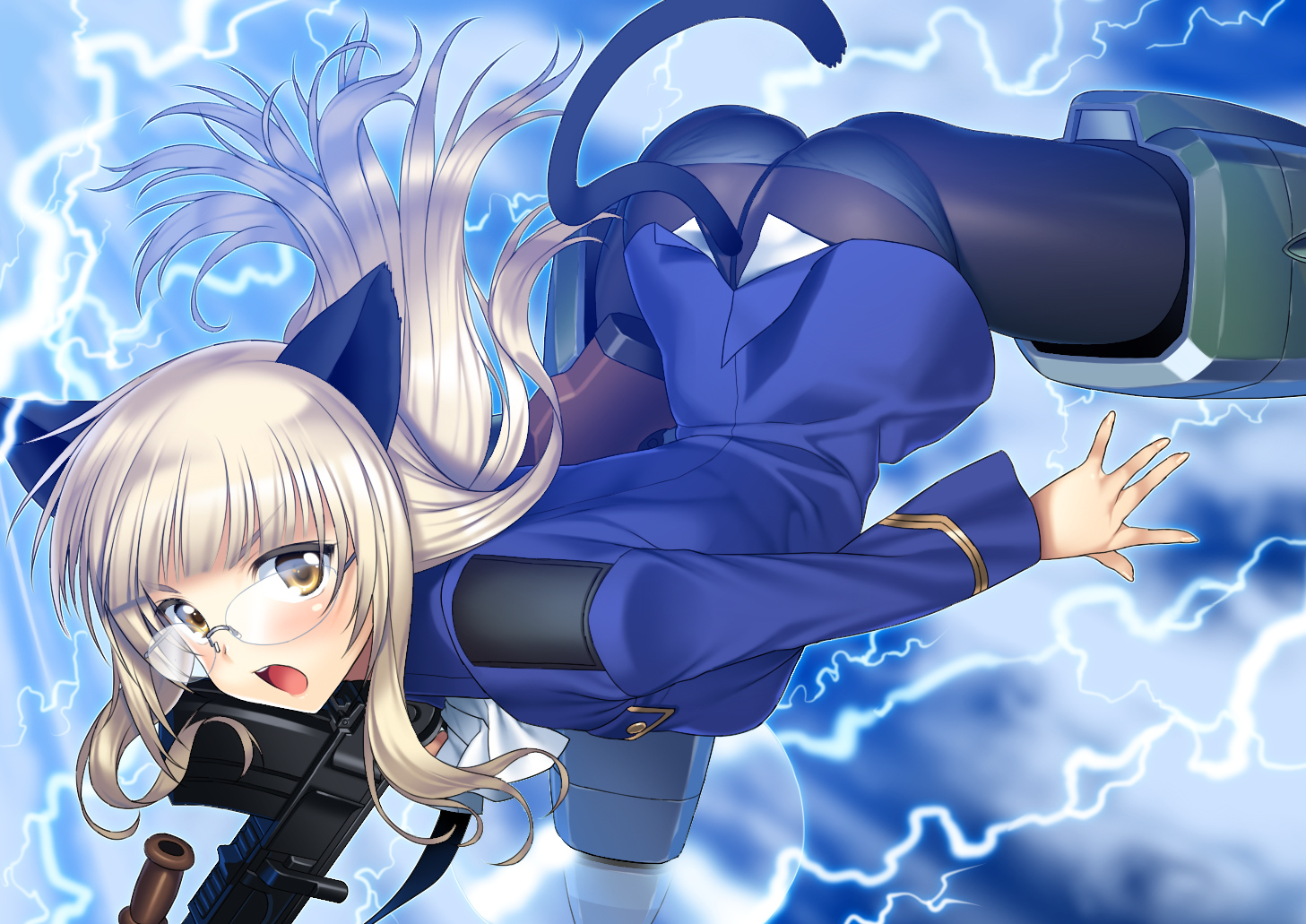 animal_ears, glasses, gun, panties, pantyhose, perrine-h_clostermann, strike_witches, suzume_inui, tail, underwear, weapon