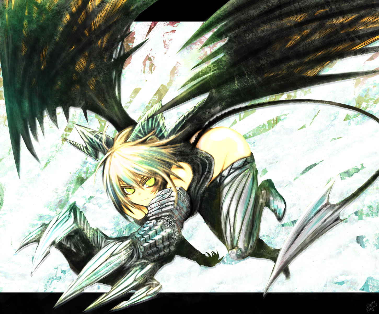 armor, blonde_hair, bottomless, demon, horns, kotoba_noriaki, original, polychromatic, short_hair, tail, thighhighs, wings, yellow_eyes