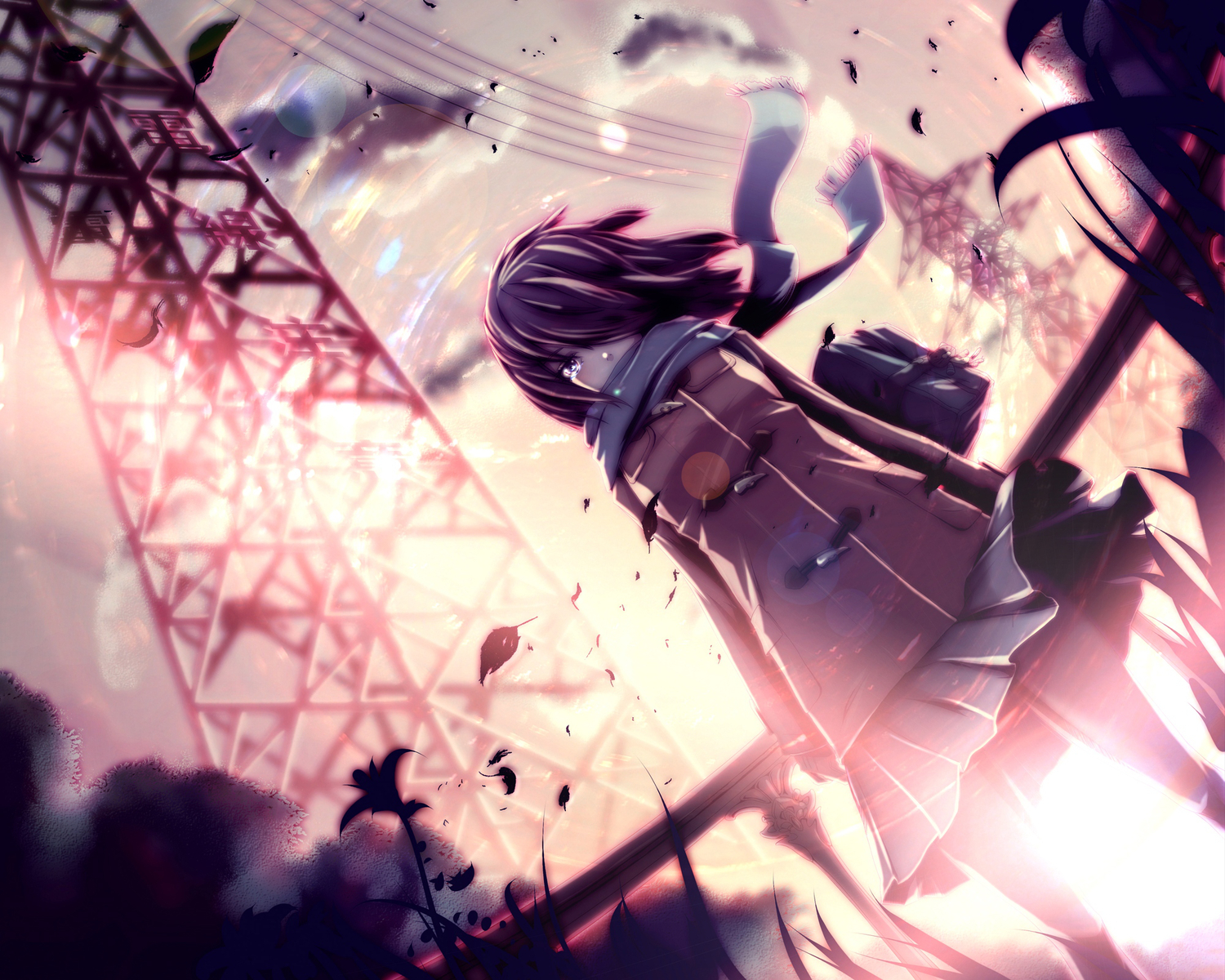clouds, cropped, crying, mubouou_aasaa, original, purple_eyes, purple_hair, scarf, short_hair, skirt, sky, sunset, tears