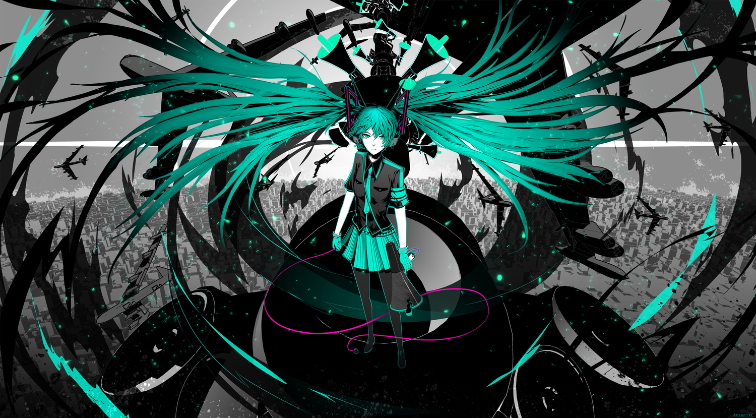 aircraft, aqua_eyes, aqua_hair, arsenixc, hatsune_miku, koi_wa_sensou_(vocaloid), long_hair, pantyhose, twintails, vocaloid