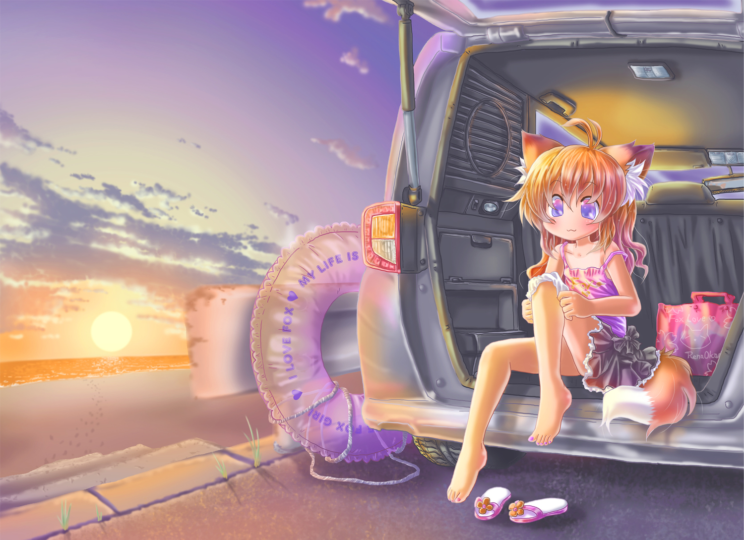 animal_ears, barefoot, beach, blush, cat_smile, clouds, foxgirl, long_hair, orange_hair, original, purple_eyes, renaoka, sunset, swim_ring, tail, tan_lines