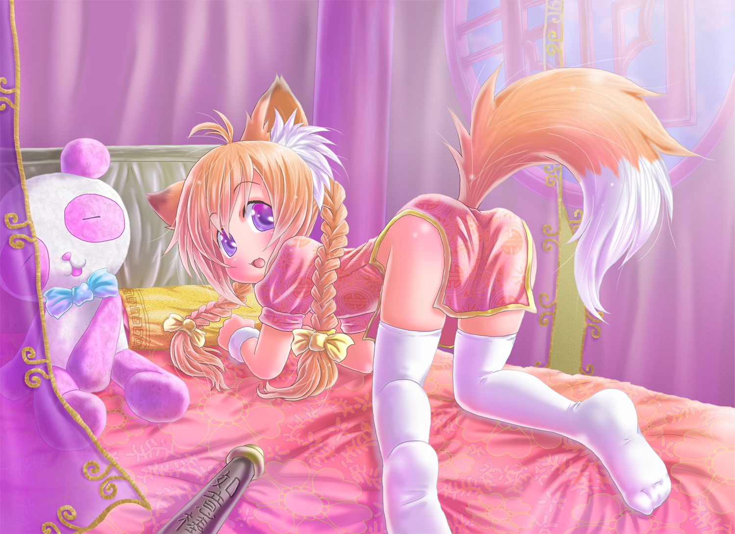 animal, animal_ears, bear, bed, blush, bow, braids, chinese_clothes, chinese_dress, dress, foxgirl, long_hair, nopan, orange_hair, original, panda, purple_eyes, renaoka, tail, thighhighs, wristwear