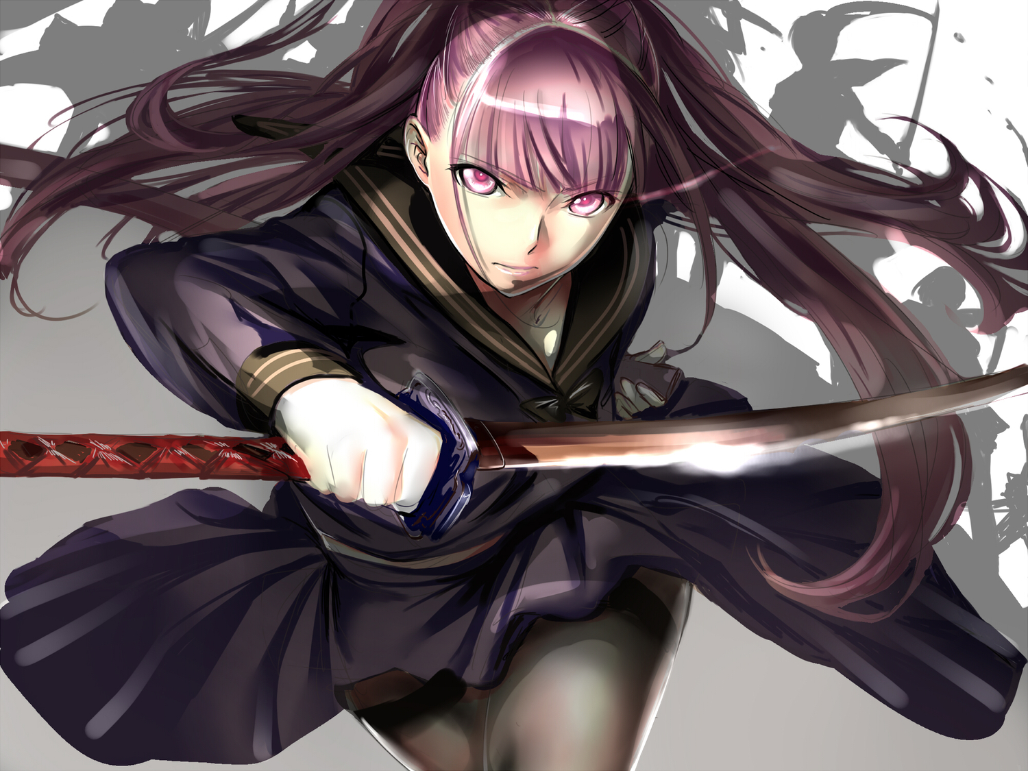 close, dodai_shouji, katana, long_hair, original, pantyhose, pink_eyes, pink_hair, school_uniform, sketch, sword, weapon
