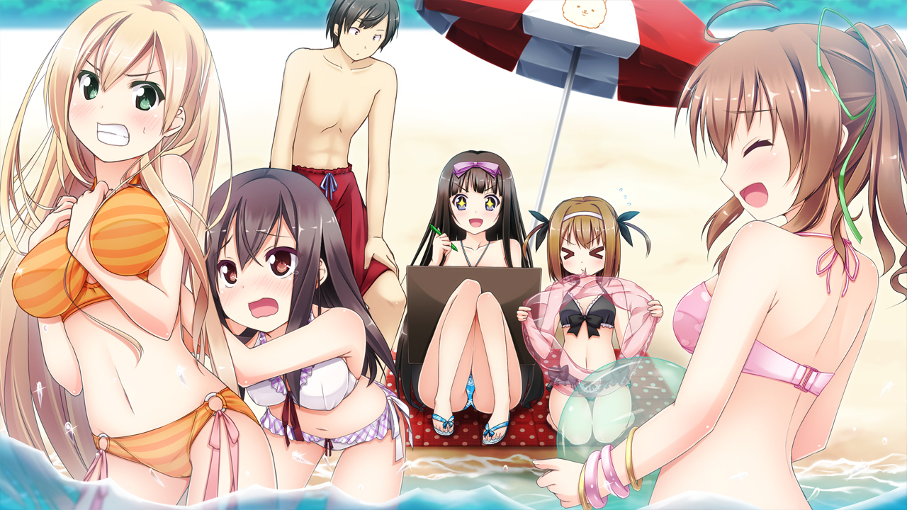 ano_ko_wa_ore_kara_hanarenai, beach, bikini, game_cg, giga, group, kamishiro_aoi, male, miyama_haruka, miyama_momiji, naruse_manami, navel, nironiro, sakurai_yuzuki, swimsuit, umbrella, usume_shirou, water
