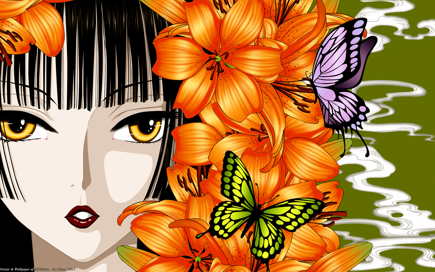 butterfly, clamp, close, flowers, ichihara_yuuko, japanese_clothes, vector, xxxholic