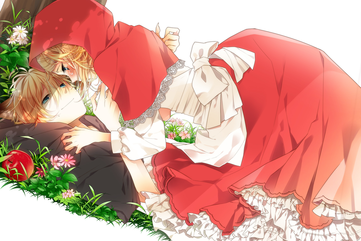 animal_ears, apple, blonde_hair, cosplay, crying, dress, flowers, food