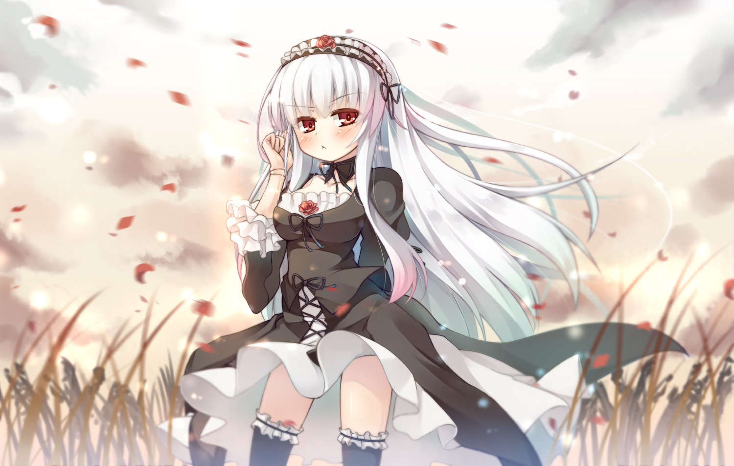 asa_(swallowtail), doll, flowers, garter, gray_hair, headdress, lolita_fashion, long_hair, petals, red_eyes, ribbons, rose, rozen_maiden, suigintou, thighhighs