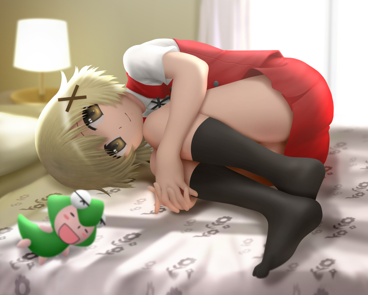 bed, blonde_hair, hidamari_sketch, school_uniform, siraha, ume, yuno
