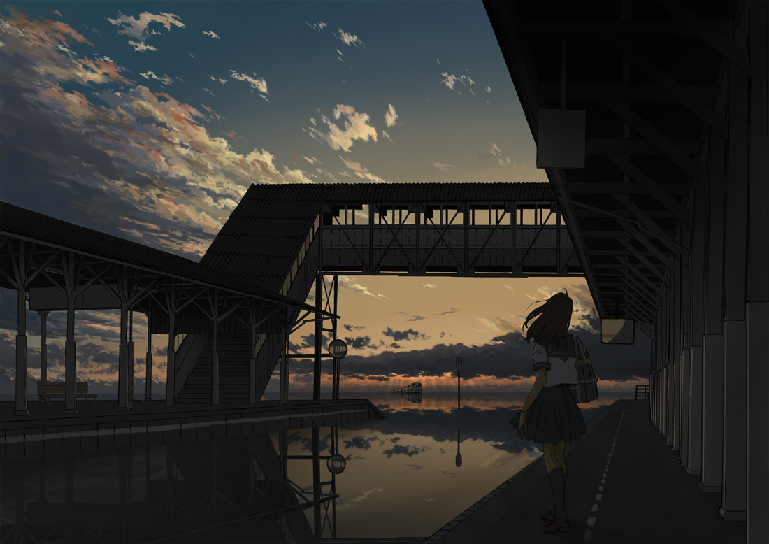 clouds, dark, goke_shike_(altamira05), long_hair, original, school_uniform, stairs, train
