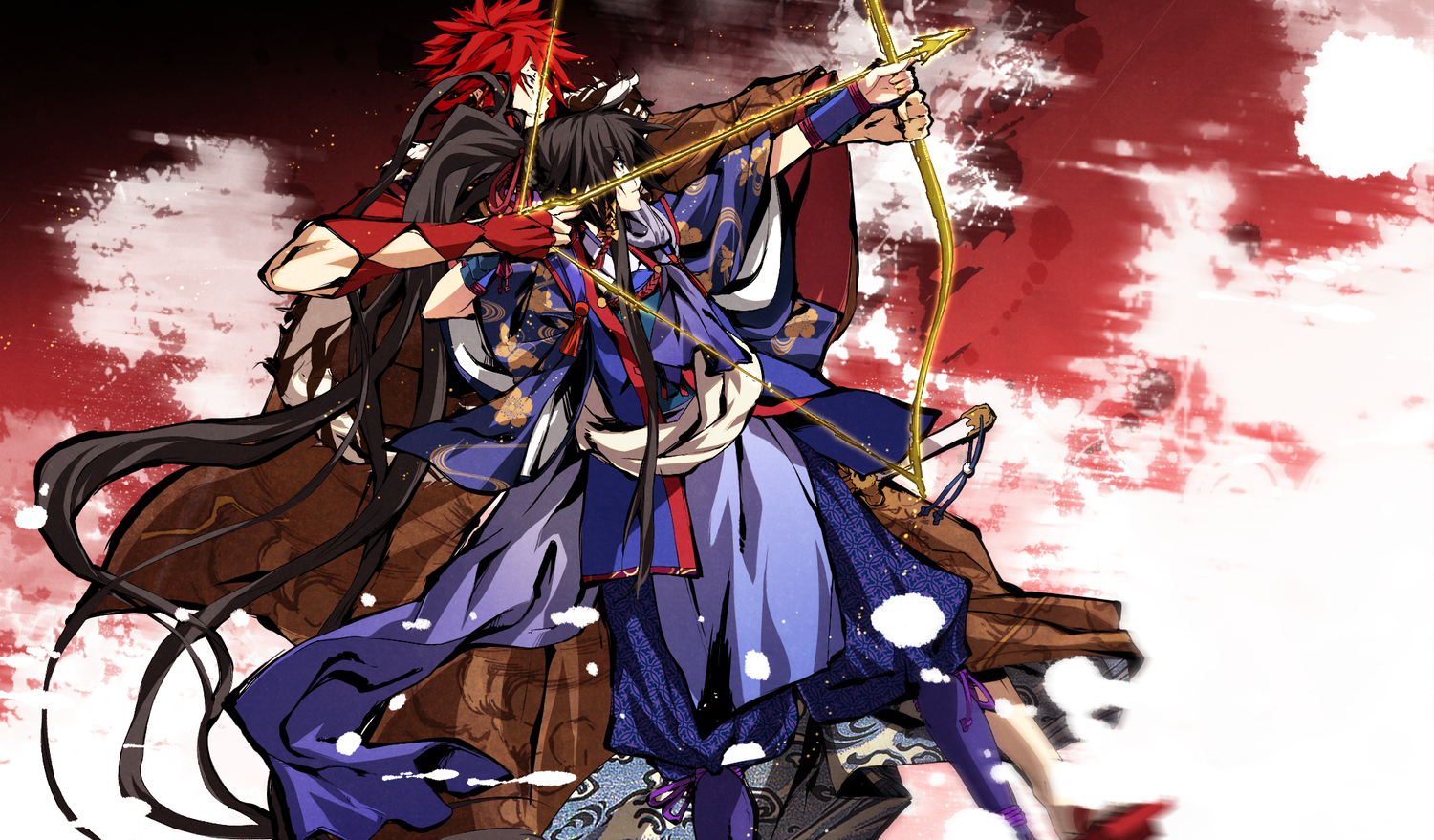 black_hair, bow_(weapon), g_yuusuke, game_cg, kajiri_kamui_kagura, koga_rindou, red_hair, sakagami_habaki, sky, weapon