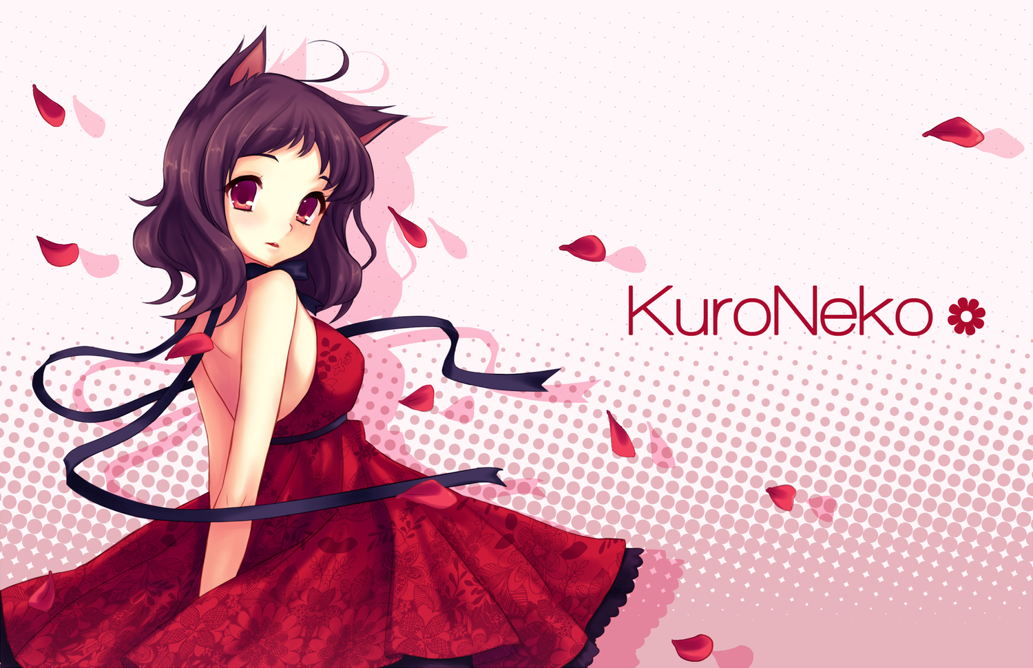 animal_ears, black_hair, dress, kurone_kuroneko, petals, ribbons, tagme
