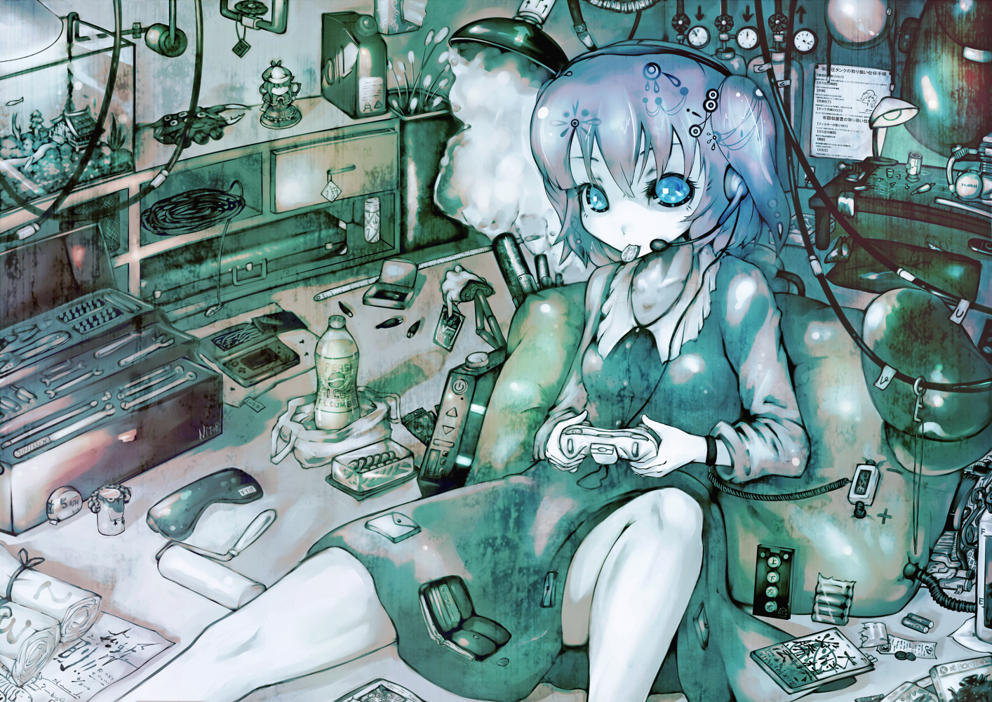 blue, blue_eyes, blue_hair, dress, drink, game_console, glasses, headphones