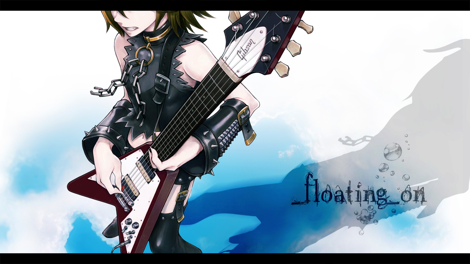 bubbles, chain, fang, garter_belt, guitar, instrument, kagamine_rin, magane_rin